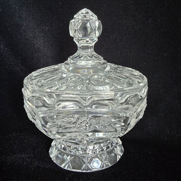 Vintage Covered Candy Dish Clear Glass Crystal Floral Thumb Print Cottagecore - Picture 1 of 13